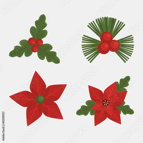 happy merry christmas card with leafs and flowers set icons