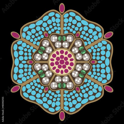 Stylized jeweled flower. Round floral mandala. Vintage brooch with pearls and turquoise beads.