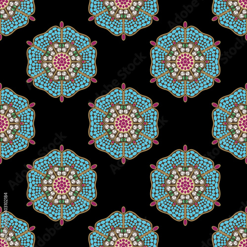 Seamless geometrical pattern with jeweled mandalas or round brooches..
