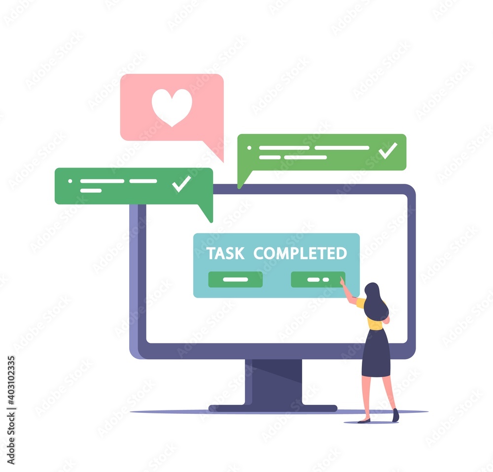 Successful Work Well Done. Tiny Business Woman Character Put Button Task Completed at Huge Computer Monitor at Workplace Successful Work Well Done. Tiny Business Woman Character Put Button Task Completed at Huge Computer Monitor at Workplace