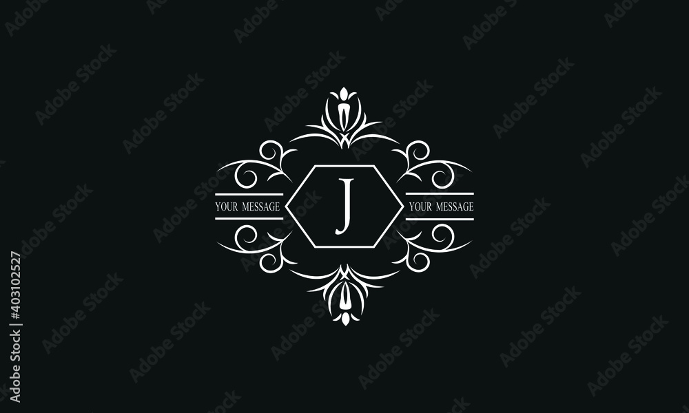 Graceful white monogram on a black background with the letter J. Elegant logo with the initial. Universal emblem, symbol of restaurant, business, greeting cards, invitations.