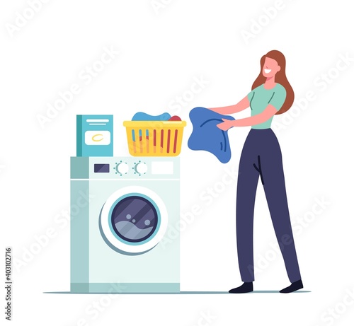 Female Character in Public Laundry or Bathroom Laying Clean Clothes to Basket, Load Dirty Clothing to Laundromat Machine