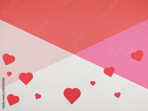 3D render - Valentine's Day background with 3d hearts on red, Happy Valentine's Day, love creative concept, romantic template, red and pink realistic paper hearts.