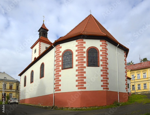 Church of Abertamy. Abertamy is a town in the district of Karlovy Vary, located on the ridge of the Ore Mountains/Erzgebirge, Bohemia, Czech Republic. Region is UNESCO World Heritage photo