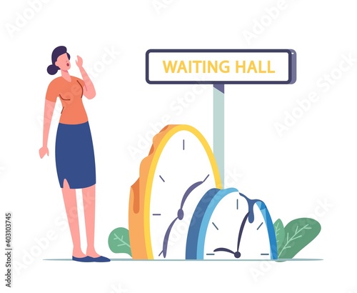 Girl Tired of Waiting. Long Wait Concept. Tiny Female Character near Huge Melting Clock. Frustrated Woman Wait in Clinic