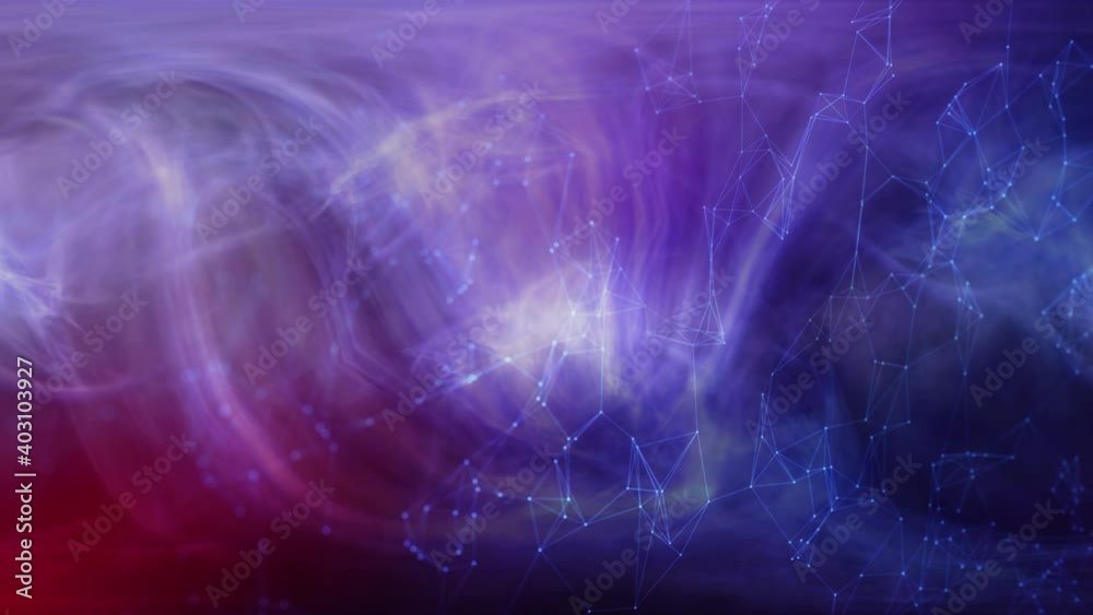 Fractal flames and gas, abstract nebula with digital lines motion background. 