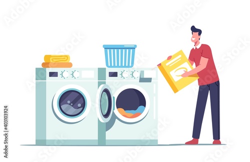 Male a Character in Public Laundry or Home Bathroom Loading Dirty Clothing and Detergent Powder to Laundromat