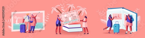 Tiny Characters Looking Traveling Pictures in Huge Photo Album, Tropical Beach Resort, European Sights, Summer Vacation