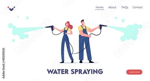 Cleaning Company Employees Landing Page Template. Male Female Characters Work at Car Wash Service. Workers Wear Uniform