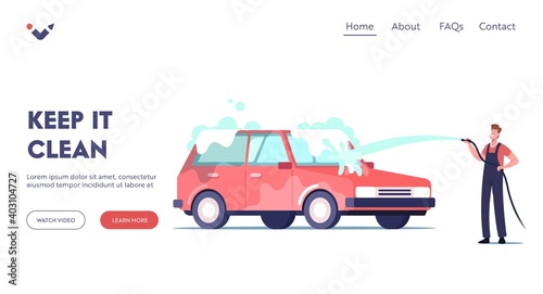 Car Wash Service Landing Page Template. Worker Character Wearing Uniform Pouring Automobile with Water Jet