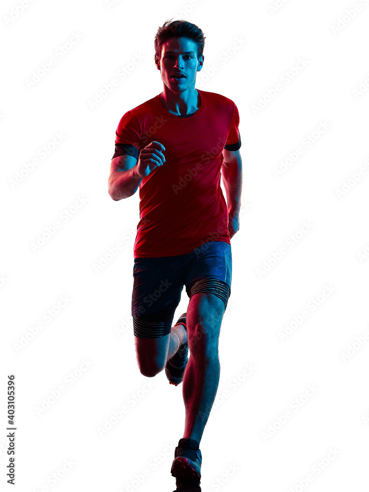 one young caucasian trail cross country runner running man silhouette shadow isolated on white background
