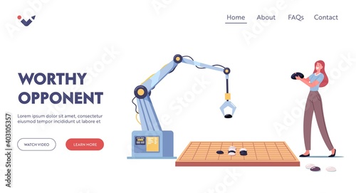 Female Character and Robot Arm Playing Chinese Strategy Gobang Landing Page Template. Go Game Board on Typical Course
