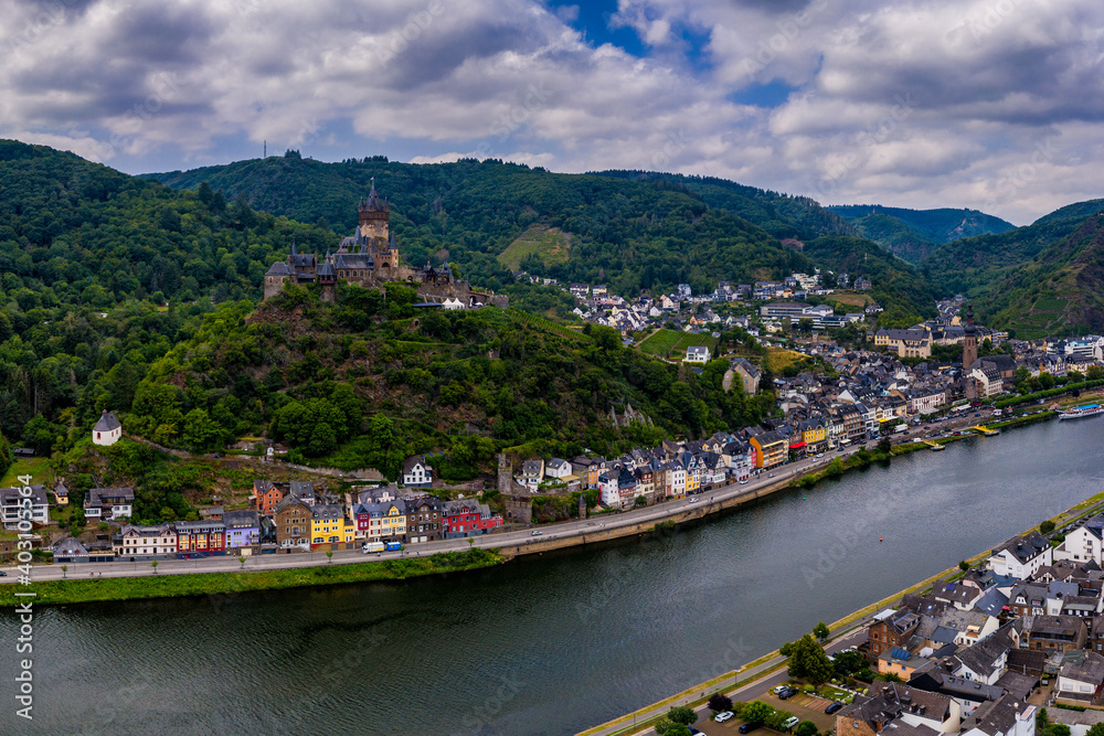 Panorama of Cochem with the Reichsburg Cochem, Germany. Drone photography.