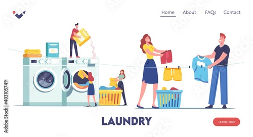 Tiny Characters Visiting Laundry Landing Page Template. People Loading Dirty Clothes to Huge Washing Machine, Laundrette