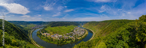 Panoramic view of the loop of the Moselle near Bruttig near Cochem, Germany.