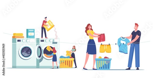 Tiny Male Female Characters Visiting Laundry Loading Dirty Clothes to Huge Washing Machine and Take Out Clean Dresses