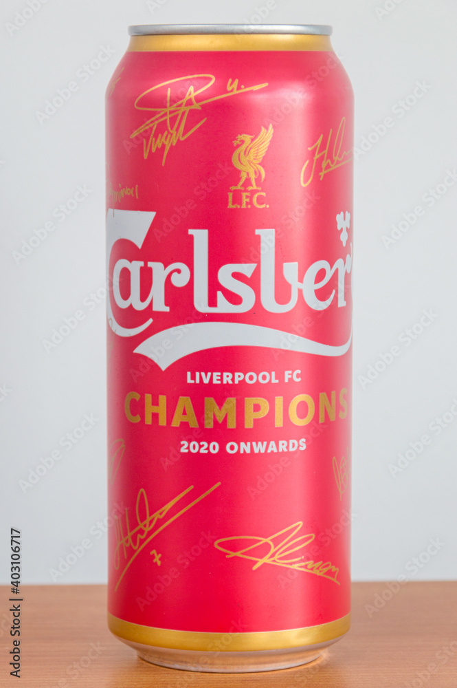 Pruszcz Gdanski, Poland - December 29, 2020: Carlsberg Liverpool FC Champions beer. Stock Photo 