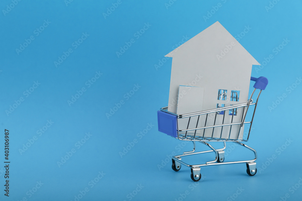 house buying concept. model of house is in supermarket trolley house buying concept. model of house is in supermarket trolley