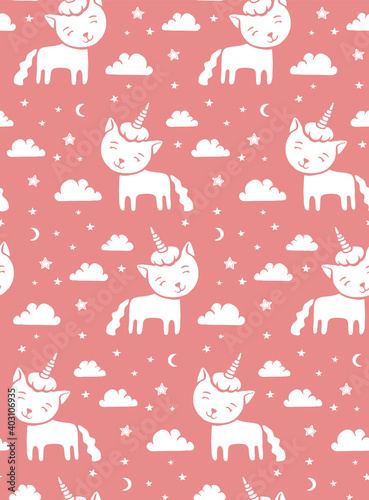 Fototapeta Naklejka Na Ścianę i Meble -  Cute pattern with line cat unicorn with horn on sky background with cloud and hearts. Hand drawn vector illustration for textile or wallpaper.