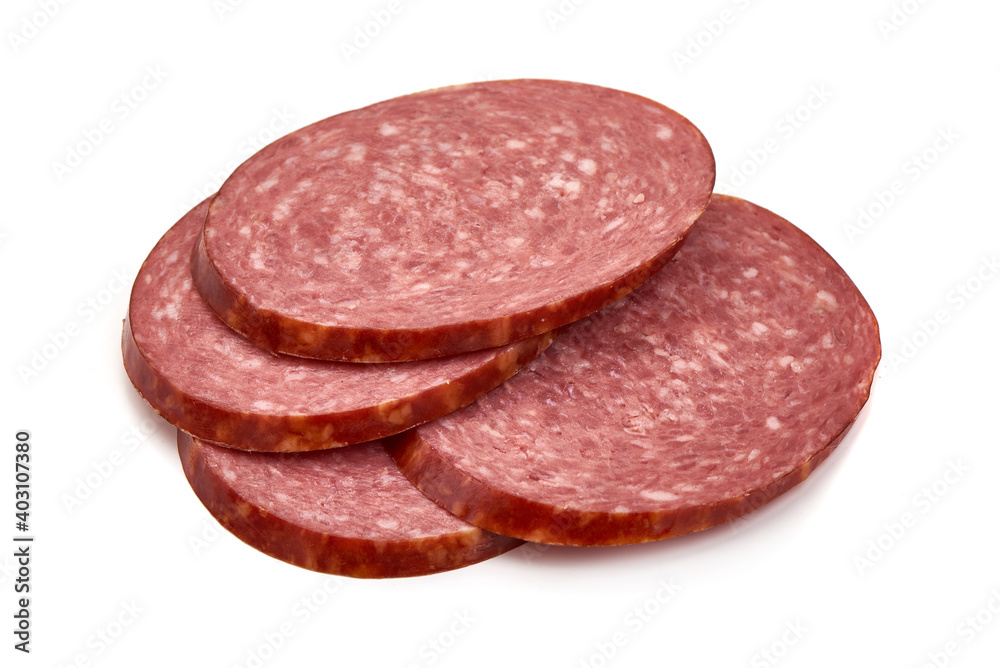 Smoked salami slices, isolated on white background Smoked salami slices, isolated on white background