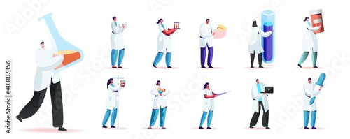 Set Male and Female Characters in Medical Robe Holding Medic Things. Men and Women with Beaker, Glass Flask and Dropper