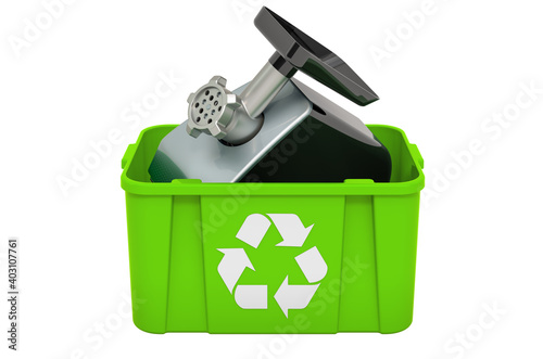 Recycling trashcan with meat grinder, 3D rendering