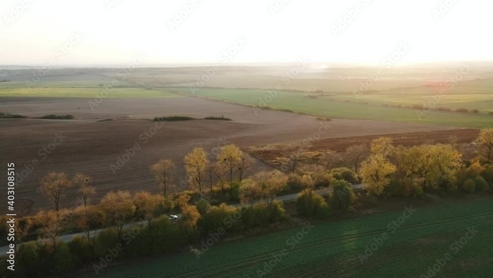 Luxury modern vehicle riding fast along trees and fields. Aerial view Electric Car Driving on Country Road. Cinematic drone shot flying over gravel road with trees at sunset Luxury modern vehicle riding fast along trees and fields. Aerial view Electric Car Driving on Country Road. Cinematic drone shot flying over gravel road with trees at sunset