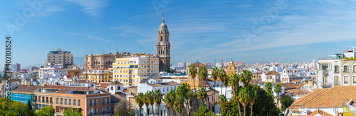 Panoramic view of big city, the cathedral of Malaga, church of St. Augustine. Costa del Sol. Malaga. Andalusia. Spain.