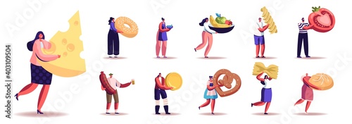 Set of Male and Female Characters with Different Food and Snacks. Men and Women Eat Cheese, Sausage, Fruits, Vegetable
