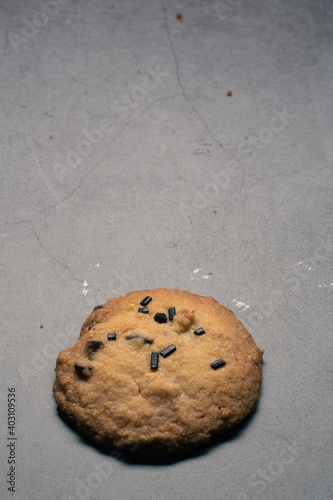 Circle tasty homemade chocolate cookie artisan made on a grey background