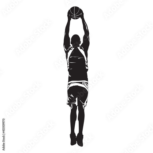 Professional basketball player silhouette jumping and shooting ball into the hoop, vector illustration