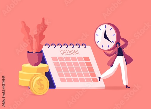 Pay Check, Salary or Payroll Concept. Tiny Businesswoman with Clock in Hands Stand near Golden Coins Piles and Calendar