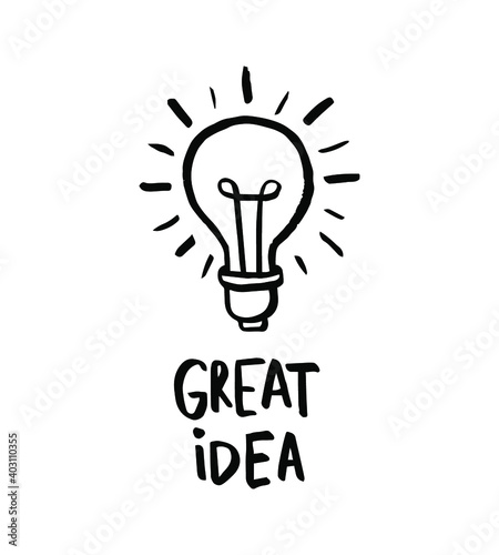 Hand drawn doodle electric bulb with text. Idea concept. Isolated on white background. Vector illustration.