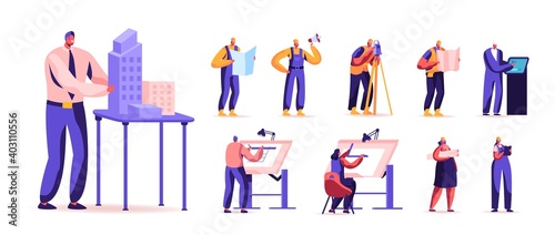 Set of Male and Female Characters Building and Engineering Construction Works. Men and Women Architect Engineer Working