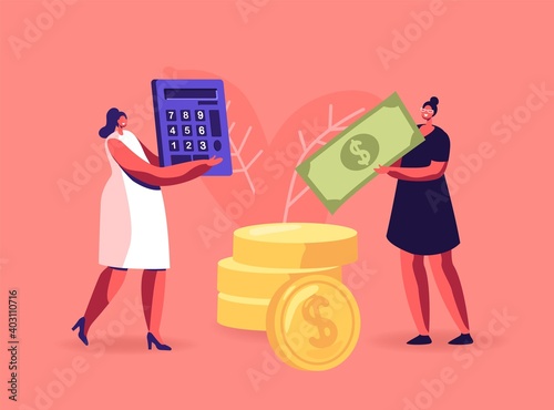 Pay Check, Salary, Financial Success Concept. Women Collecting, Saving Money. Female Characters Carry Dollar Banknote