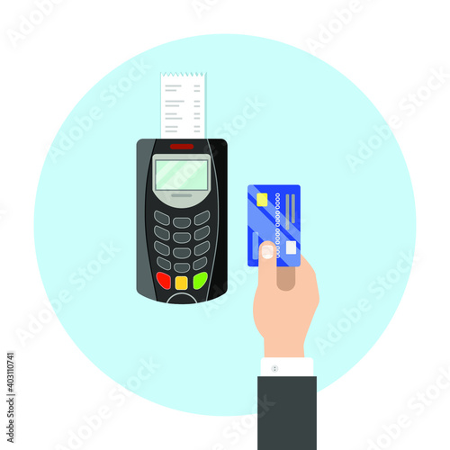 Hand holding a bank credit card near to contactless payment device. Contactless payment, nfc technology, online purchase. Cartoon flat doodle style vector illustration.