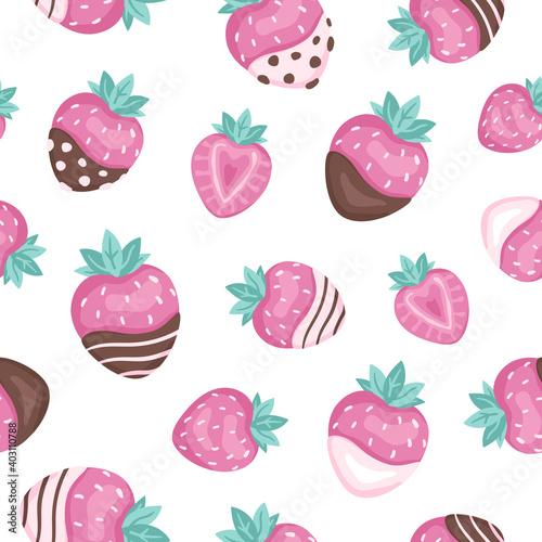 Seamless surface repeat vector pattern design with delicious juicy strawberries dipped in white and brown chocolate on a white background suitable for Valentine's day, weddings and more