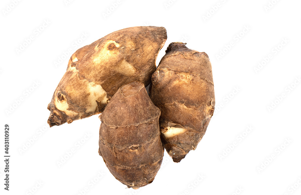 Top view. Three Jerusalem artichoke tubers isolated on white background. Jerusalem artichoke, or Tuberous sunflower is a type of perennial herbaceous tuberous plants of the genus Sunflower of the Top view. Three Jerusalem artichoke tubers isolated on white background. Jerusalem artichoke, or Tuberous sunflower is a type of perennial herbaceous tuberous plants of the genus Sunflower of the