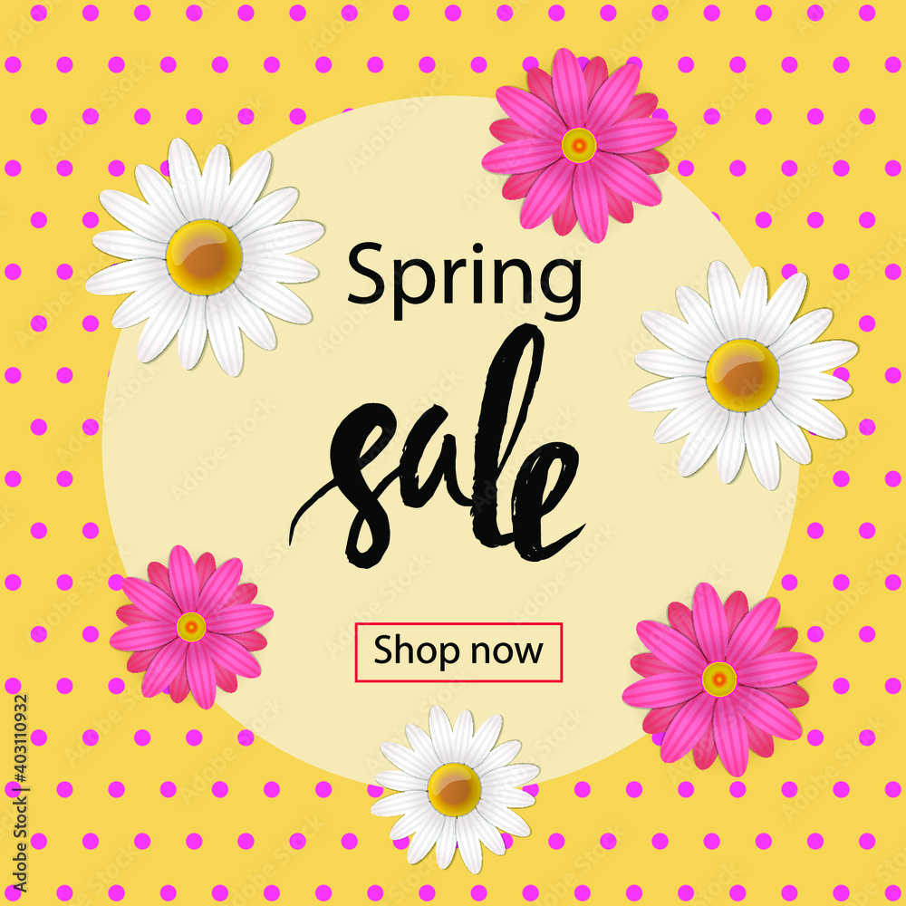 Bright colorful spring sale bannner with flowers and polka dot background. Vector illustration design element.