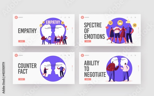 Characters Show Empathy Landing Page Template Set. Emotional Intelligence, Communication Skills, Reasoning and Support