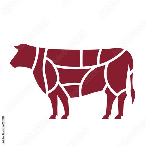 Slaughterhouse or butcher shop logo. Silhouette of cattle divided into parts.