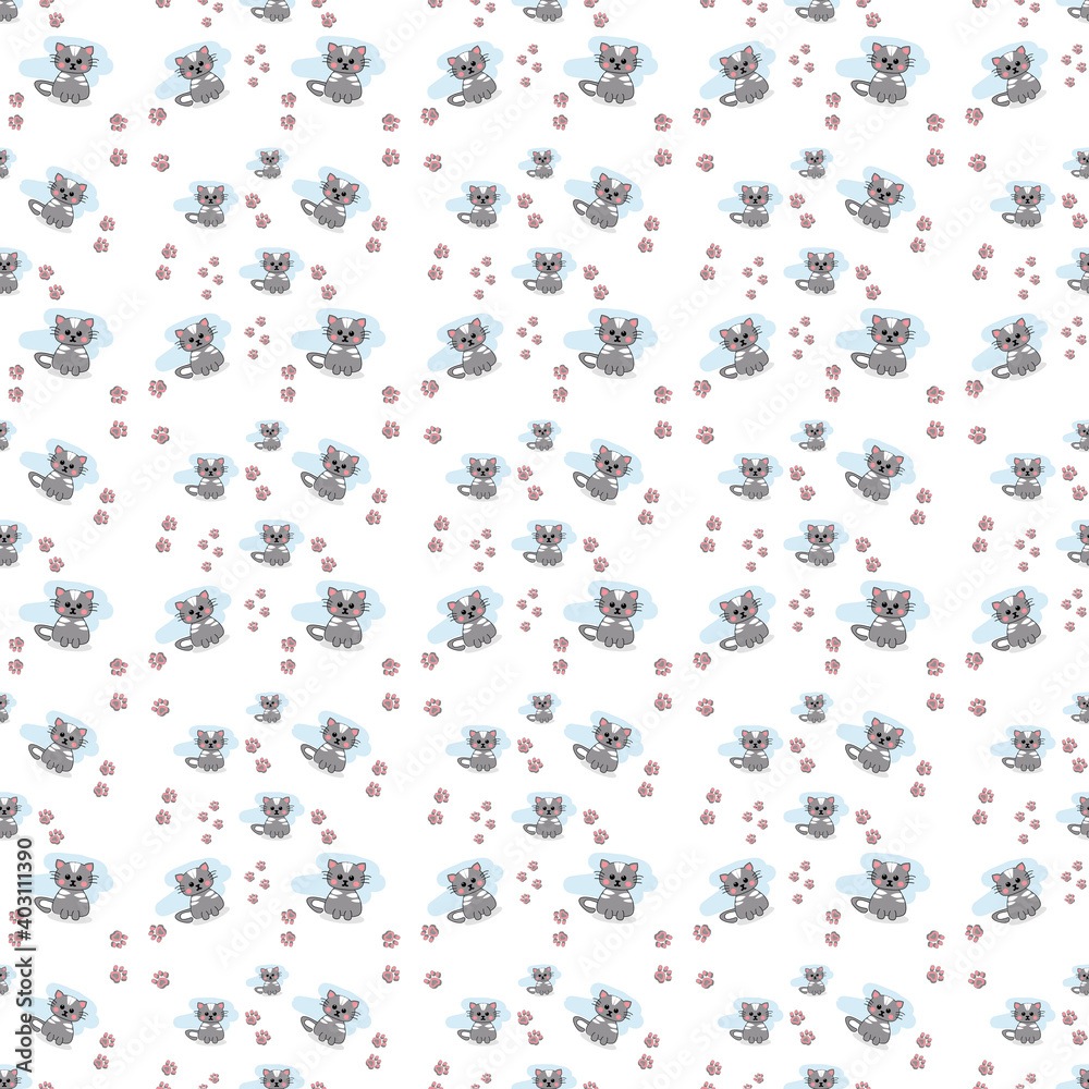 seamless pattern on a white background with a kitten and pink paws. Children's pattern