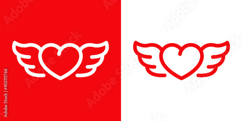 Día de San Valentín. Logotipo con corazón con alas con lineas en fondo rojo y fondo blanco