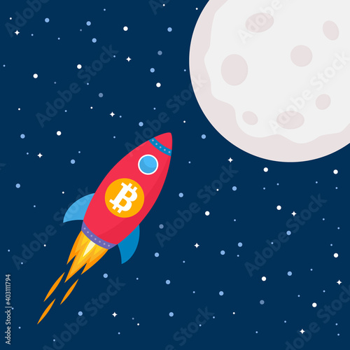 Bitcoin skyrocketed to the moon. cryptocurrency growth concept ether, ethereum and BTC.