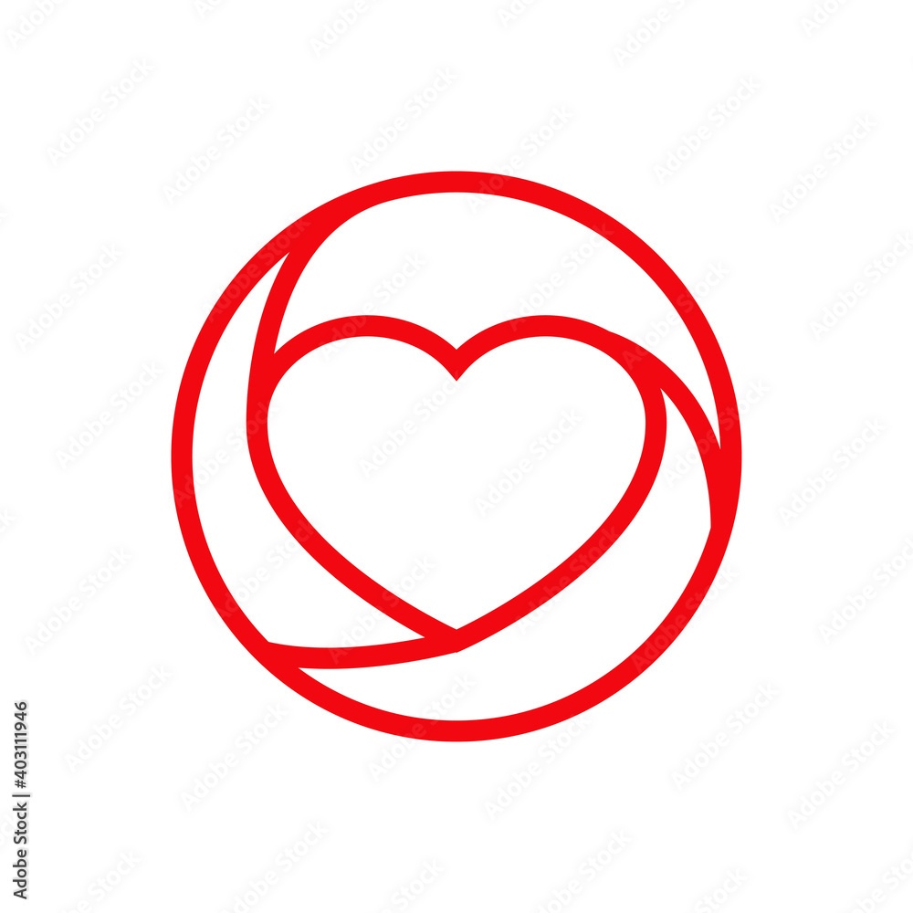 Día de San Valentín. Logotipo abstracto con corazón 3d en círculo con lineas en color rojo