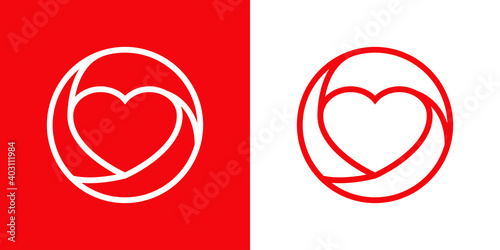 Día de San Valentín. Logotipo abstracto con corazón 3d en círculo con lineas en fondo rojo y fondo blanco