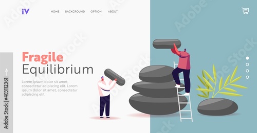 Feng Shui Oriental Philosophy or Culture Landing Page Template. Life Harmony. Tiny Male Characters Assemble Stones Pile