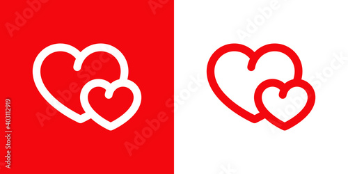 Día de San Valentín. Logotipo con 2 corazones con lineas en fondo rojo y fondo blanco