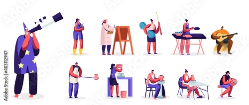 Set Male Female Characters Engage Hobby. Men and Women Painting, Learning Astronomy, Playing Instruments, Handmade
