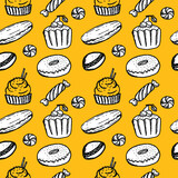 Seamless pattern. Desserts of various types on a bright yellow background. Cupcakes, donuts, eclairs and candies. Vector. Doodle style. Suitable for packaging, textiles and wallpaper.